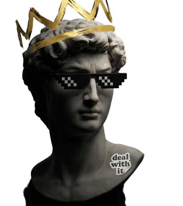 Busto de mármore escuro com coroa dourada e óculos 8-bit