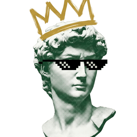 Busto clássico de mármore com coroa dourada e óculos 8-bit
