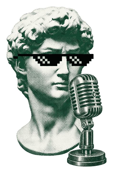 Busto com microfone de rádio antigo, o Narrador