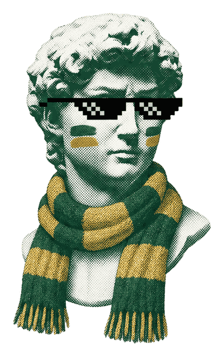 Busto torcedor com cachecol verde e dourado e pintura no rosto
